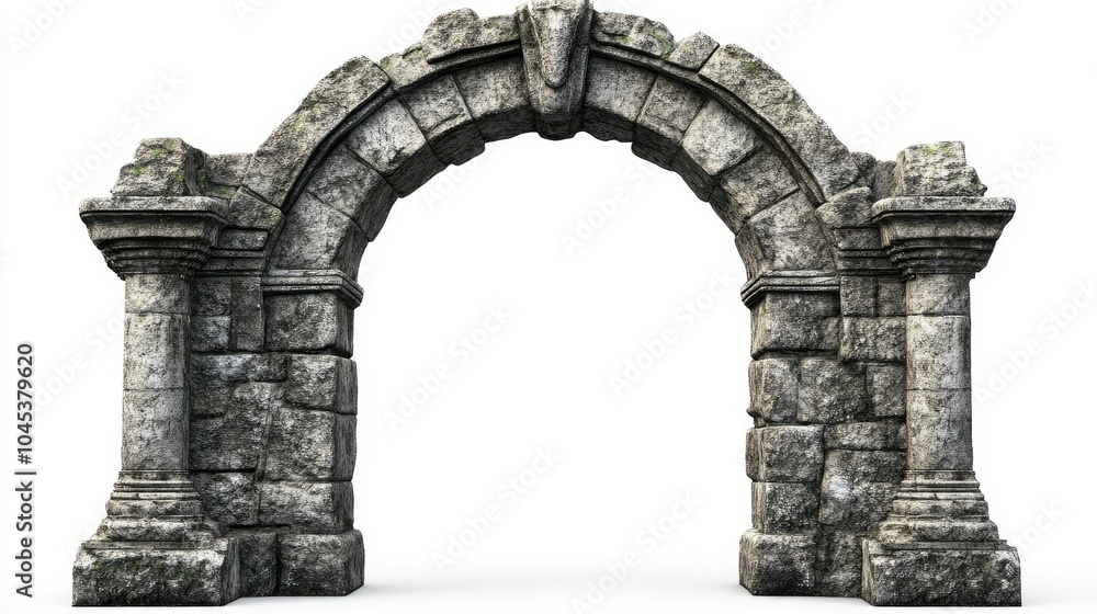 Ancient stone arc gate isolated on white, with weathered stone textures and intricate carvings. Ancient stone arc gate isolated on white, with weathered stone textures and intricate carvings.