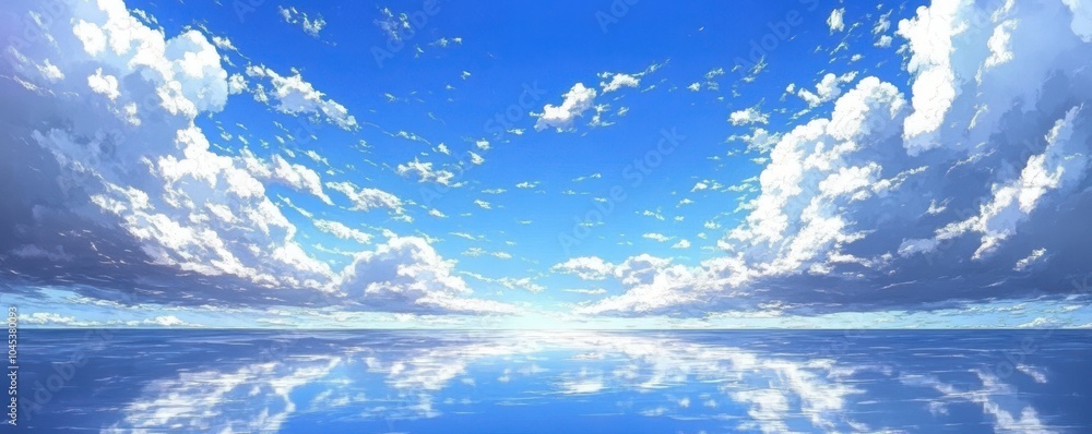 Fototapeta premium A serene ocean scene under a bright blue sky with fluffy clouds reflecting on the tranquil water surface.