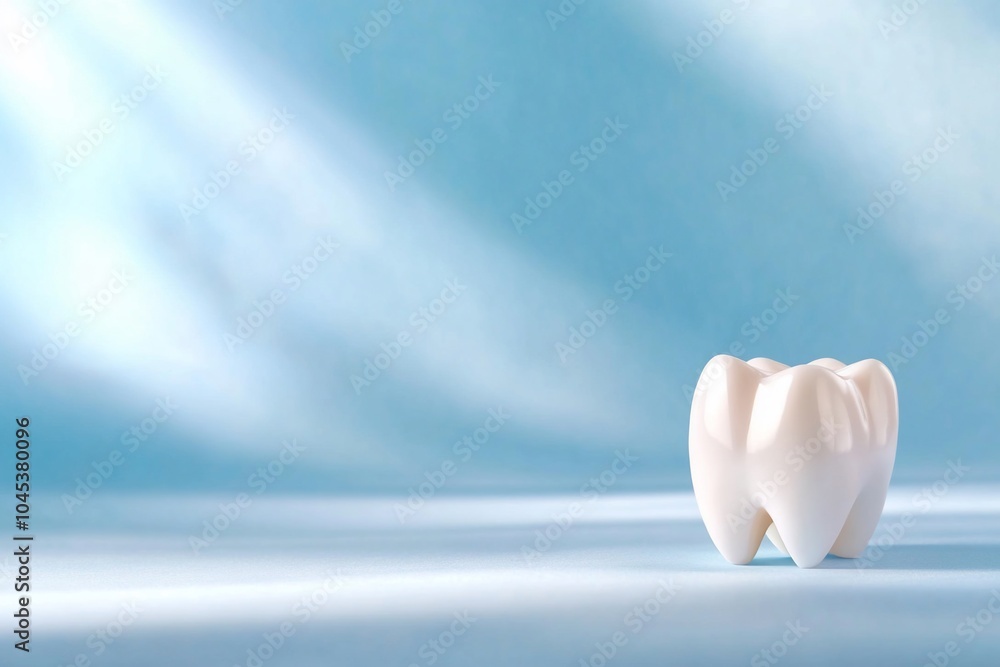 A large, white tooth model on a soft blue background. A large, white tooth model on a soft blue background.