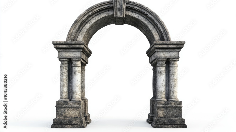 Obraz premium Ancient stone arc gate with decorative elements, standing isolated on white.