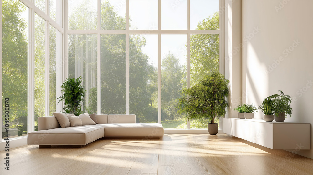 Fototapeta premium Minimalist Living Room with Large Windows, Neutral Furniture, and Indoor Plants in a Bright, Serene Space