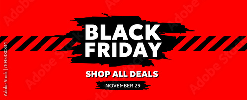 Vector black friday sale label illustration with bold type text and tape on red background. Flat style sale promotion design of black friday business lettering logo with 50% off for discount day
