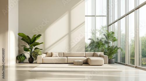 Minimalist Living Room with Large Windows  Neutral Furniture  and Indoor Plants in a Bright  Serene Space