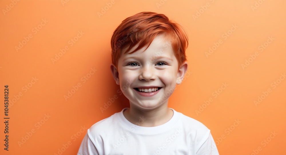 redhead kid boy orange background wearing plain white tshirt smiling happy portrait redhead kid boy orange background wearing plain white tshirt smiling happy portrait