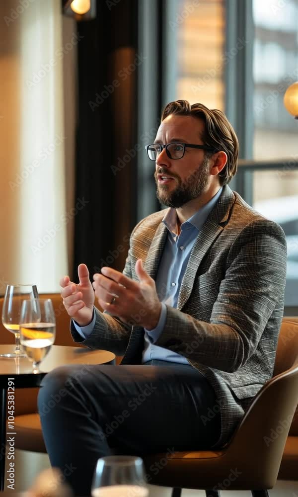 A man in a blazer engaged in conversation over drinks. A man in a blazer engaged in conversation over drinks.