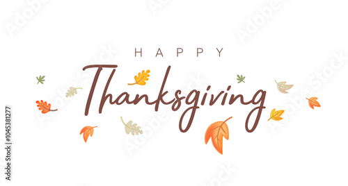 Vector autumn holiday illustration of happy thanksgiving word and orange leaves pattern on white color background. Thanksgiving day lettering design with fly cartoon leaf