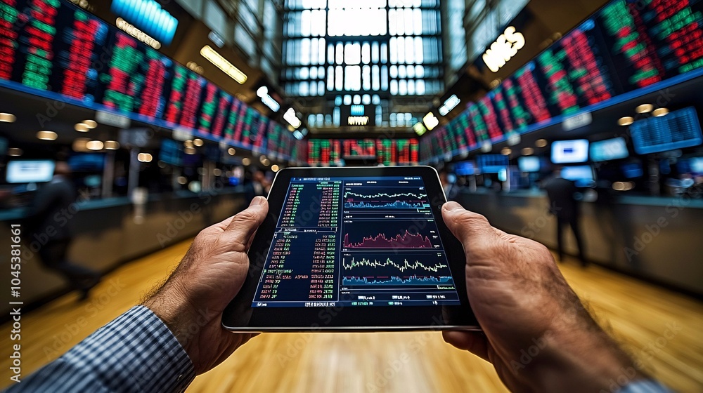 Hands Holding Tablet with Stock Market Data Display Hands Holding Tablet with Stock Market Data Display