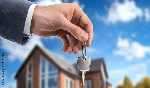 Neighbourhood Real Estate - A hand holding a key in front of a house, symbolizing home ownership.