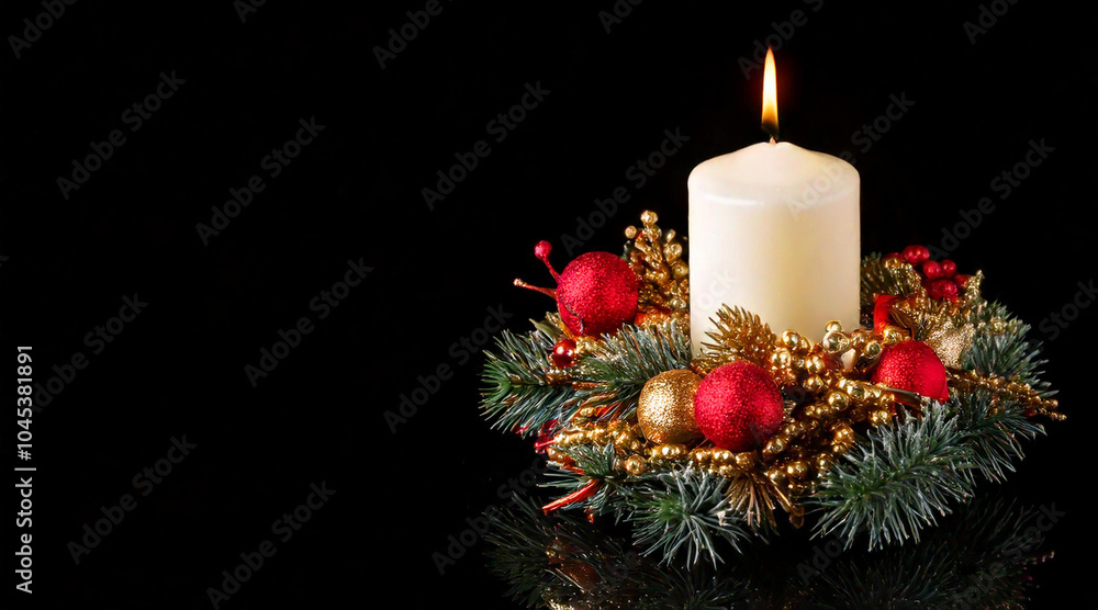 Candle burning in a Christmas decoration isolated on dark background studio shot, atmospheric light Candle burning in a Christmas decoration isolated on dark background studio shot, atmospheric light