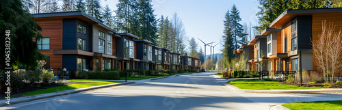 Neighbourhood Real Estate - Modern residential neighborhood with contemporary homes and wind turbines in the background.