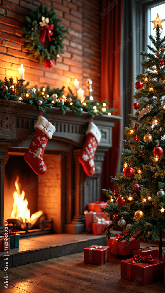 Enchanting Christmas Fireplace Backdrop: Digital Overlay for Holiday Portraits, Cards, and Marketing Materials Enchanting Christmas Fireplace Backdrop: Digital Overlay for Holiday Portraits, Cards, and Marketing Materials