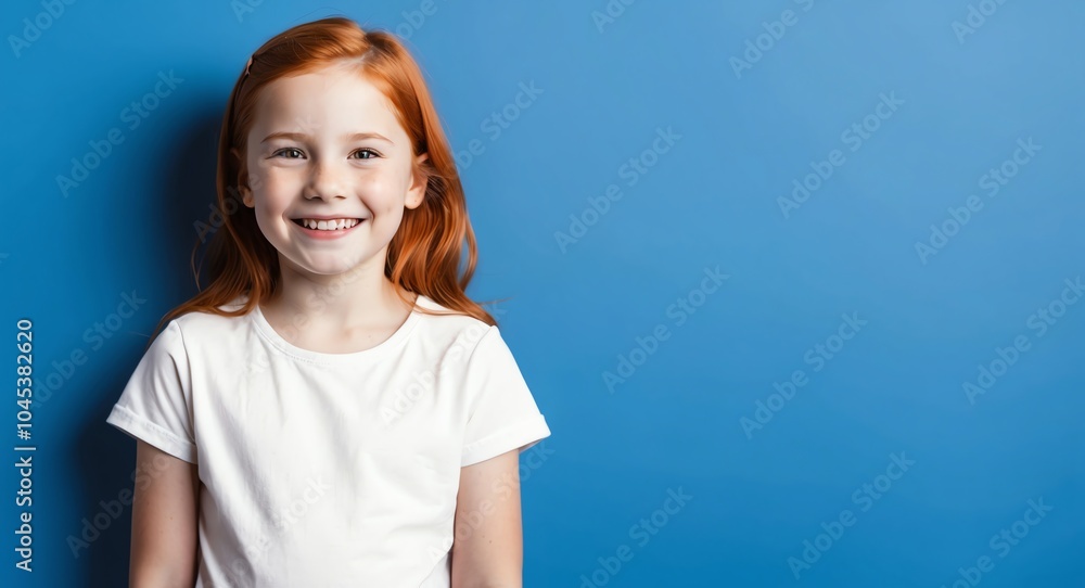 redhead kid girl blue background wearing plain white tshirt smiling happy portrait redhead kid girl blue background wearing plain white tshirt smiling happy portrait