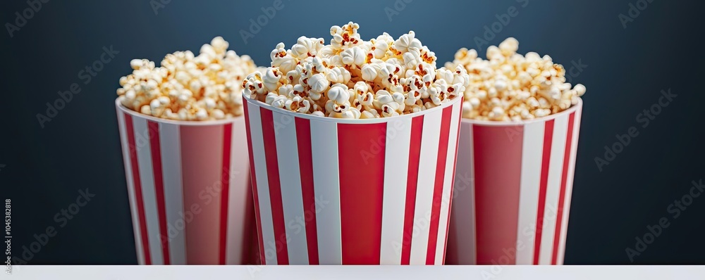 Three striped popcorn buckets filled with fluffy popcorn, perfect for movie nights or snacks. High-quality image with a dark background. Three striped popcorn buckets filled with fluffy popcorn, perfect for movie nights or snacks. High-quality image with a dark background.