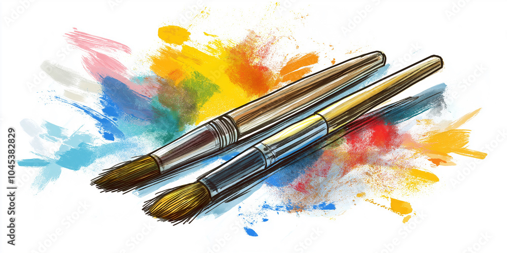 Fototapeta premium Three paintbrushes lying near colorful paint splatter