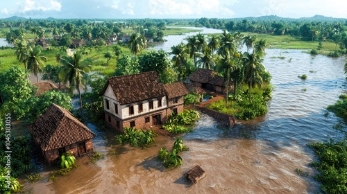 Aerial view of flooded homes surrounded by lush greenery, highlighting the impact of natural disasters and water in the landscape. photo