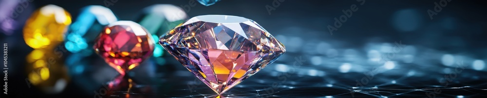 Luxury and Elegance Depicted as a Row of Multicolored Gemstones with Facets Reflecting Light Symbolizing Value, Beauty, and Sophistication Luxury and Elegance Depicted as a Row of Multicolored Gemstones with Facets Reflecting Light Symbolizing Value, Beauty, and Sophistication