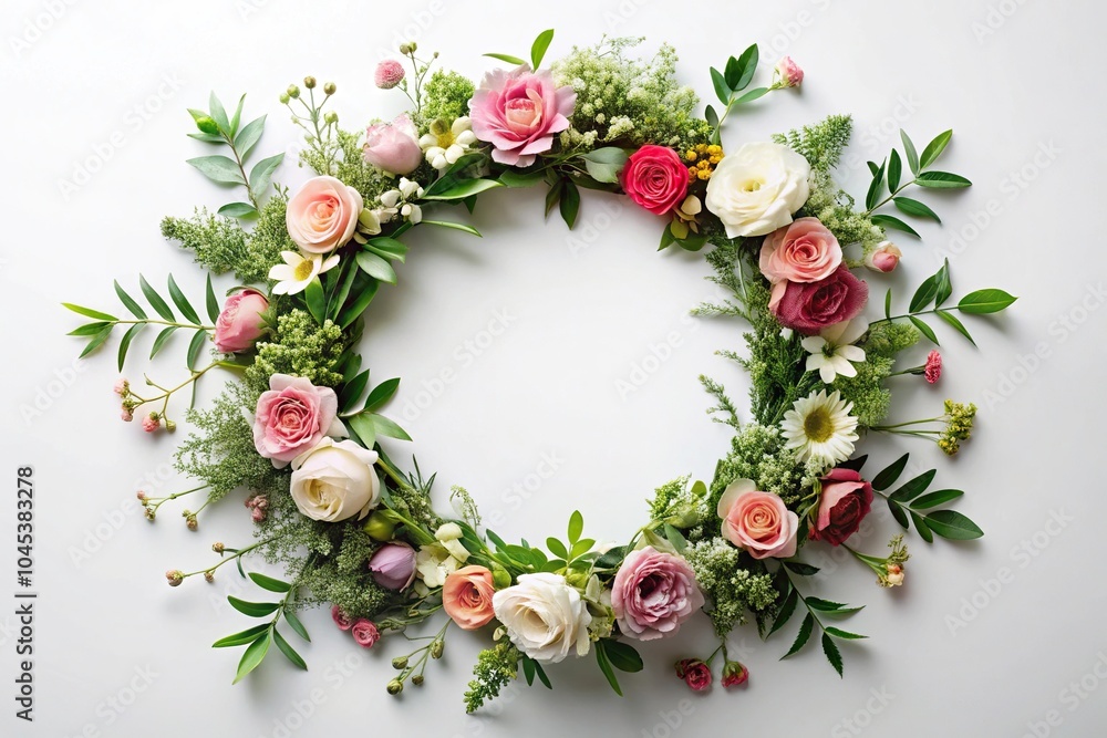 A beautiful and delicate floral wreath made of fresh flowers and foliage in a circular shape, arrangement, floral wreath, flower crown, foliage, round A beautiful and delicate floral wreath made of fresh flowers and foliage in a circular shape, arrangement, floral wreath, flower crown, foliage, round