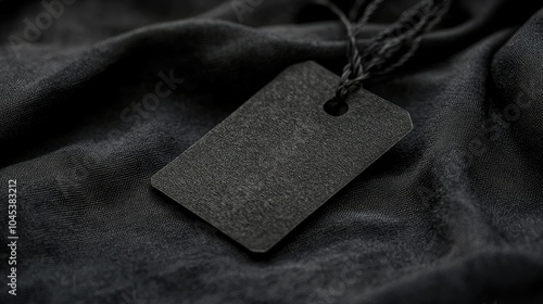 Blank black laundry care tag attached to black fabric, with clear texture and visible fibers