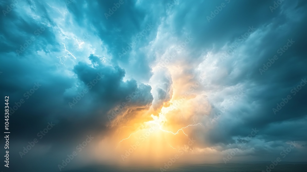 Fototapeta premium Dramatic thunderstorm over ocean waves illuminated by lightning and glowing sunlight breaking through dark clouds