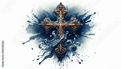 Cross with intricate designs, submerged in water, dynamic splash, dark blue background in watercolor illustration photo