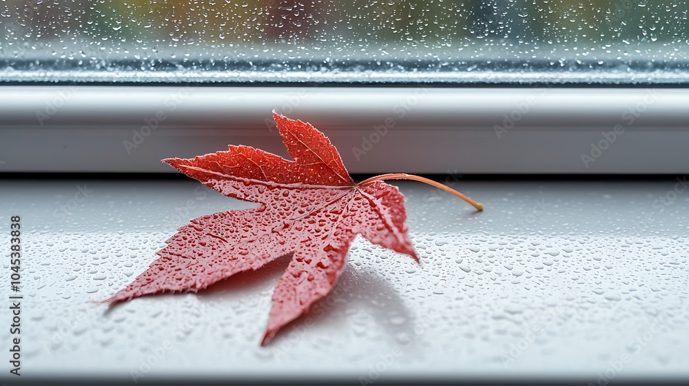 A close-up of a raindrop-covered red maple leaf resting on a windowsill perfectly capturing the beauty of nature on a rainy day A close-up of a raindrop-covered red maple leaf resting on a windowsill perfectly capturing the beauty of nature on a rainy day