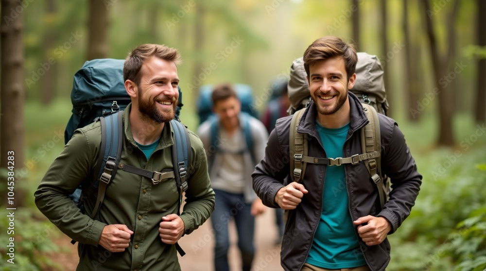 Three friends are smiling as they hike through a lush green forest. The sunlight filters through the trees, creating a warm and inviting atmosphere during their adventure. Three friends are smiling as they hike through a lush green forest. The sunlight filters through the trees, creating a warm and inviting atmosphere during their adventure.