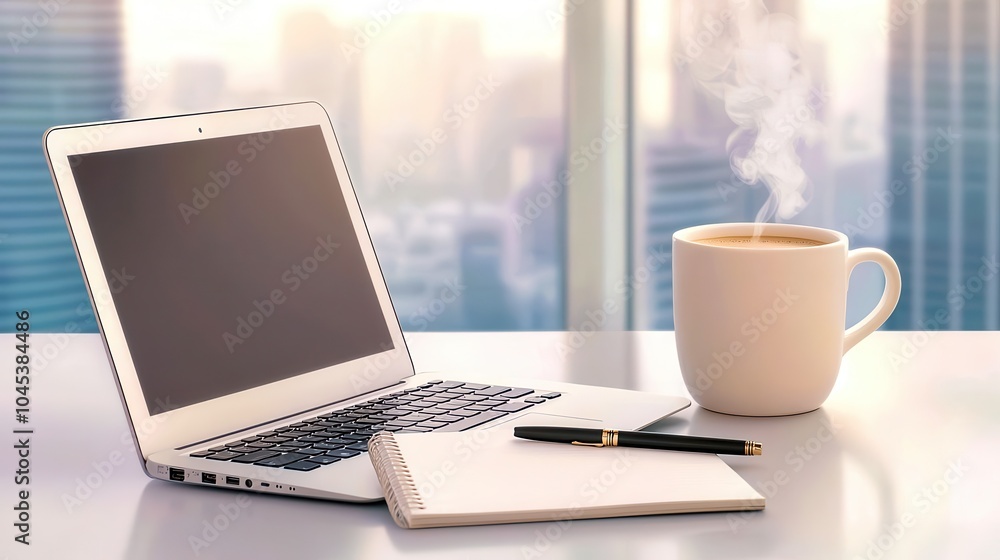 Fototapeta premium Modern workspace with a laptop, notebook, pen, and steaming coffee mug amid a city backdrop.