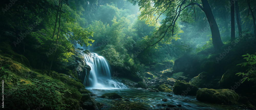 Serene waterfall in a lush green forest with sunbeams streaming through the trees, creating a peaceful and natural atmosphere Serene waterfall in a lush green forest with sunbeams streaming through the trees, creating a peaceful and natural atmosphere