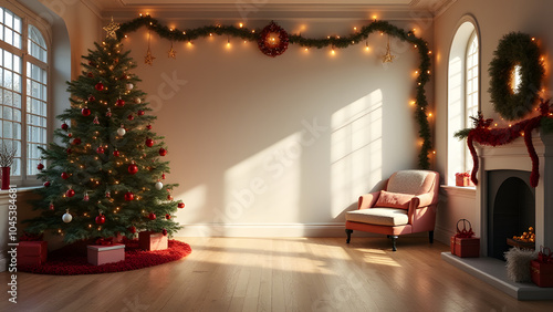 A Christmas room is left empty with a large blank space for decoration.