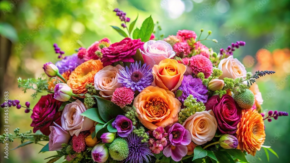 Obraz premium A beautiful bouquet of mixed flowers in shades of pink, purple, and orange with lush green leaves, purple, flower arrangement