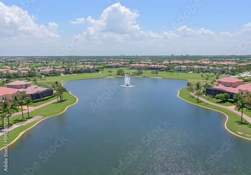 Neighbourhood Real Estate - A serene lake surrounded by lush greenery and residential buildings under a clear blue sky.