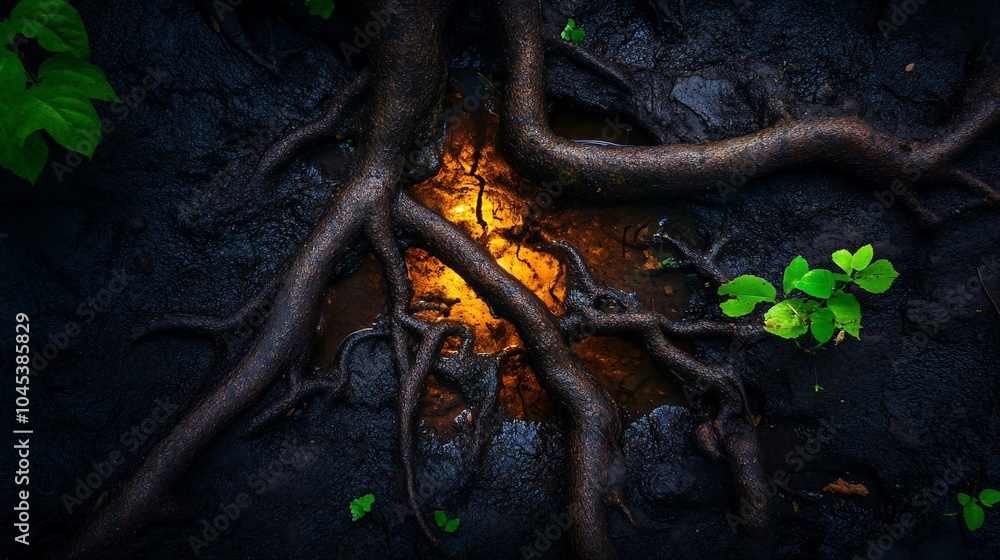 Fototapeta premium Tree roots intertwine in a puddle of water, creating a warm and inviting glow.