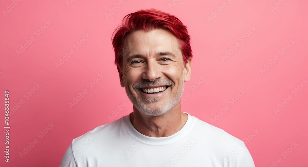 redhead mature guy pink background wearing plain white tshirt smiling happy portrait redhead mature guy pink background wearing plain white tshirt smiling happy portrait