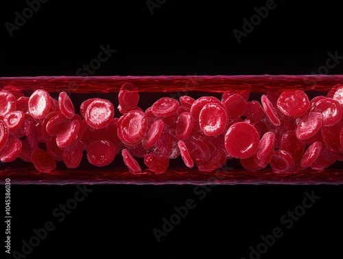 A longitudinal view of a blood vessel shows a large air bubble in the vessel, blocking the flow of red blood cells. photo