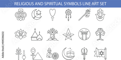 A collection of 18 line art illustrations depicting various religious and spiritual symbols, including the lotus flower, a crescent moon, a heart, a dreamcatcher, a hamsa hand, and more.