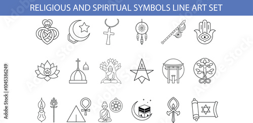 A collection of 18 line art illustrations representing various religious and spiritual symbols, including a crescent moon and star, a cross, a lotus flower, and a dreamcatcher.