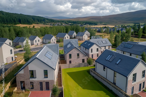 Neighbourhood Real Estate - Aerial view of modern residential homes in a scenic landscape.