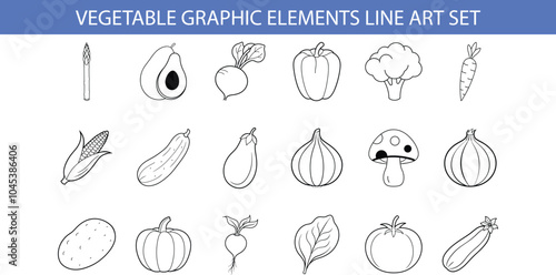 A collection of  line art illustrations depicting various vegetables, including avocado, beet, pepper, broccoli, carrot, corn, cucumber, eggplant, onion, mushroom, potato, pumpkin, radish, spinach, 