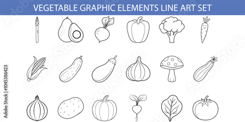 An illustration of 18 vegetables drawn in black line art style, including avocado, corn, eggplant, garlic, mushroom, potato, radish, and tomato.