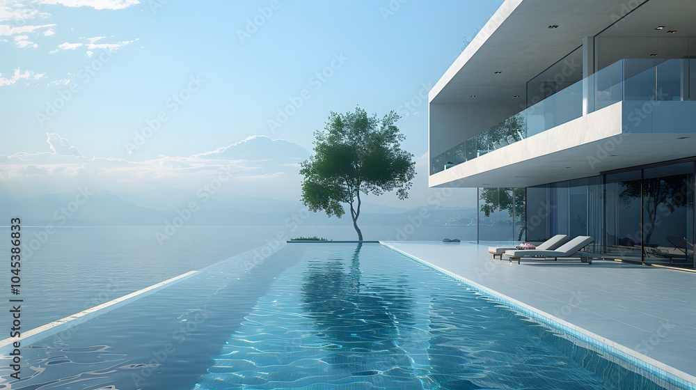 Modern infinity pool with ocean view. Modern infinity pool with ocean view.