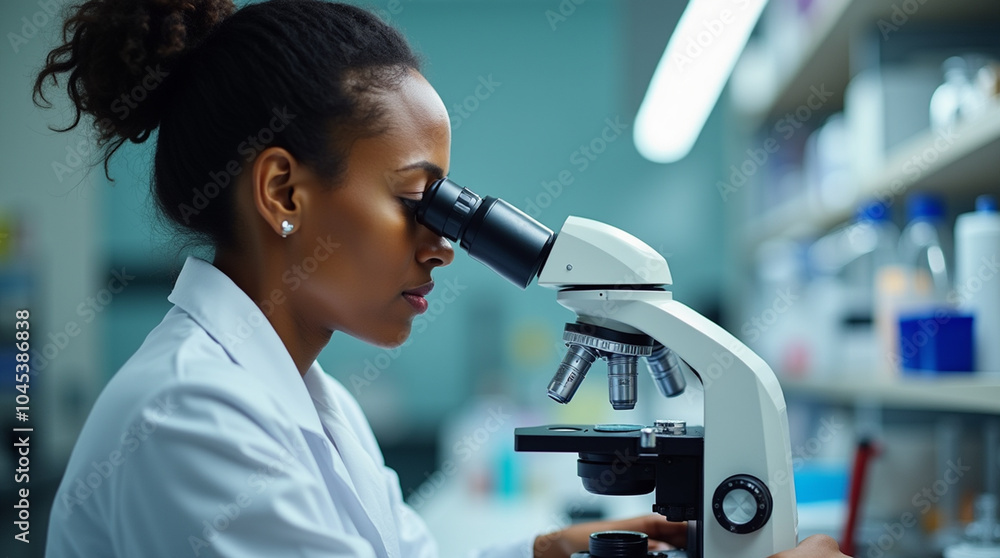 A scientist examines specimens through a microscope in a well-equipped laboratory during the daytime A scientist examines specimens through a microscope in a well-equipped laboratory during the daytime