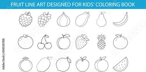 An image of 18 fruit outlines for coloring.  There are various fruits like an apple, banana, and fig for kids to color.  This line art image is perfect for a coloring book or to print out and use for 