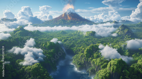 A dead volcano that hasn't erupted, but is now covered in deep, lush forests and clouds,