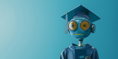Robot wearing graduation cap and gown holding diploma