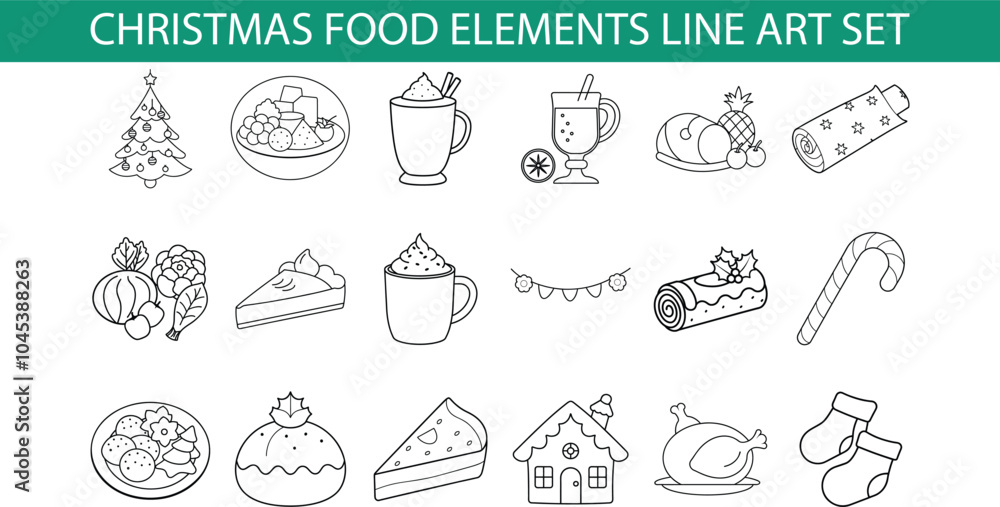 Fototapeta premium A collection of 18 Christmas foodthemed line art icons, including a Christmas tree, gingerbread house, turkey, candy cane, and more. Perfect for holiday designs.