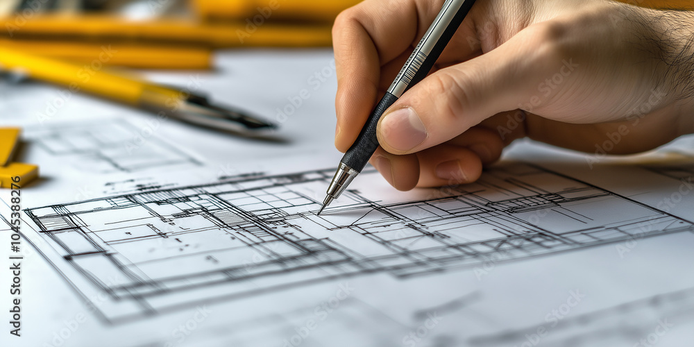 Architect drawing plans on blueprint using mechanical pencil Architect drawing plans on blueprint using mechanical pencil
