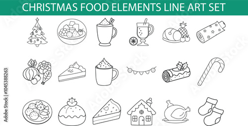 A collection of 18 Christmas foodthemed line art icons, including a Christmas tree, gingerbread house, turkey, candy cane, and more. Perfect for holiday designs.