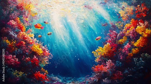 A vibrant, colorful underwater coral reef, teeming with tropical fish and marine life.