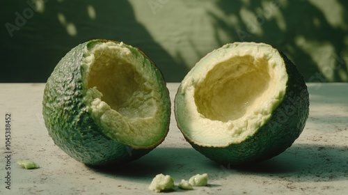 Two halves of an empty avocado shell on a white table.