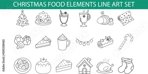 A collection of 18 Christmas food elements, including a gingerbread house, candy cane, and pie, drawn in a simple black line art style.